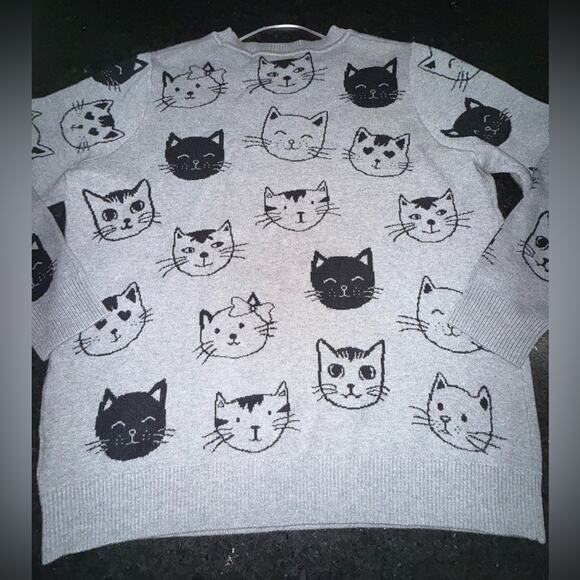 NEW ANTHROPOLOGIE CALLIGRAPHIE GREY SWEATER BLACK CAT FACE PRINT ALL OVER SZ 1X - Picture 3 of 9